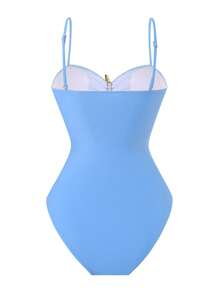 Swim Oasis 女士夏季海滩度假镂空海星装饰褶饰收腹连体泳衣，搭配系腰超长裙 - 藍色 - 查看 5