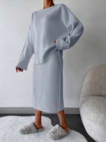 EURMUSE Solid Drop Shoulder Tee & Ribbed Knit Skirt - Baby Blue - View 5