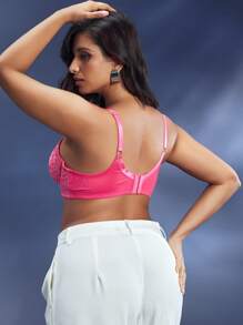 SHEIN Curve Full-Cup Lace Floral Underwired Bra, Magenta, Plus Size - Pink - View 2