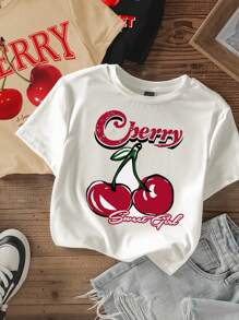 SHEIN EZwear 3 件套休闲简约樱桃印花圆领长袖短款紧身 T 恤女款夏季 - 彩色 - 查看 4