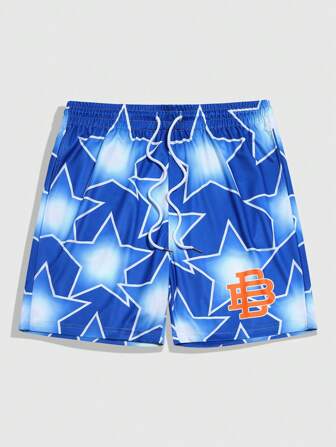Prep Pantalones cortos con estampado de letras y estrellas, cordón en la cintura y bolsillos para hombre