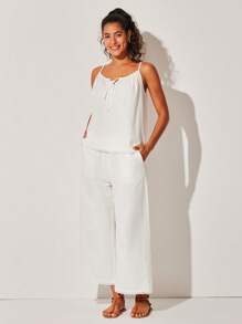 LUVLETTE 透气100%纯棉白色花卉刺绣蕾丝边性感吊带背心和裤子家居服轻盈睡衣套装时尚休闲舒适套装裤子带口袋内衣外穿新娘内衣和睡衣