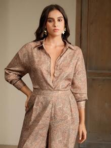 Anewsta Nueva camisa casual de mujer con estampado de flores de anacardo en contraste de color