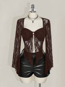 SHEIN ICON Plus Size Lace Bell Sleeve Square Neck Tie Front Top