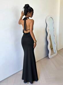 INAWLY 女式纯色低胸露背高开衩吊带连衣裙 - 黑色 - 查看 3