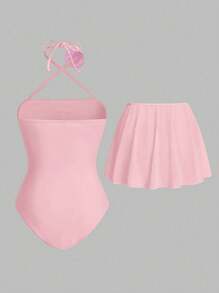 Sweetra 1 件女士优雅宫廷风格青春象牙色婚礼派对公主花领带连体泳衣 - 粉色 - 查看 2