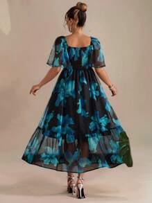 Chikora Vestido elegante de gasa con estampado floral de talla grande, verano, romántico y elegante, vestido verde oscuro - Negro - Ver 2