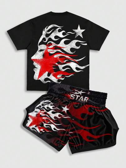 Street Life تي شيرت بطبعة مائية وأرقام المربع للرجال، باللون الأسود 9806-01358