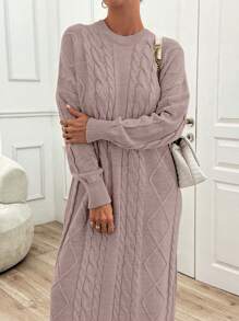 EURMUSE Women's Solid Color Round Neck Long Sleeve Simple Casual Dress - Baby Pink - View 2