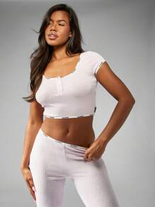 Missguided x Playboy Conjunto de pijama acogedor acanalado con pantalones de pierna campanuda, top corto con cordón, regalos de ropa de dormir