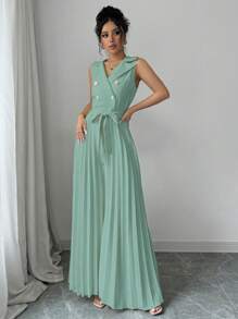 Elenzga Women's Spring/Autumn Elegant Apricot Double Breasted Pleated Jumpsuit - Green - View 3