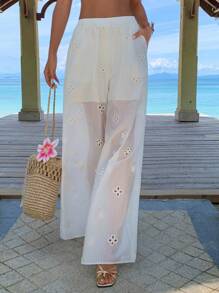 DAZY 镂空刺绣休闲宽松阔腿裤 - 杏色 - 查看 3