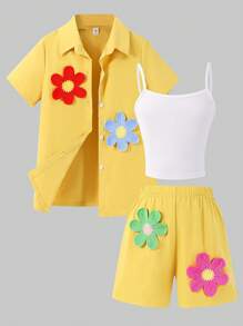 Tween Girls3pcs Set: 3D Floral Short Sleeve Shirt + Solid Color Camisole + Shorts, Casual Summer Outfit