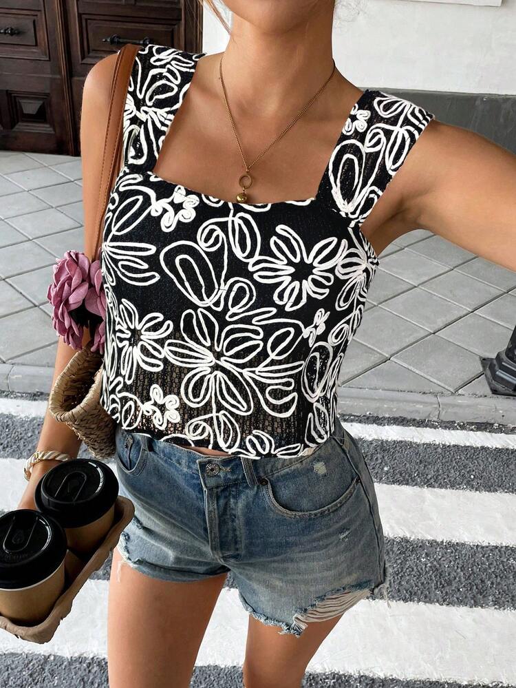 SHEIN Frenchy 女士花卉提花度假粗肩带背心 - 黑色 - 查看 3