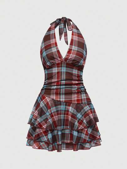 J-Fashion Vestido halter de mujer a cuadros de colores estilo Y2K