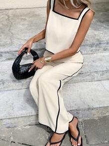 Serisse 女士法国夏季 2 件套 女士夏季撞色亚麻方领无袖上衣和长款休闲套装 亚麻无袖两件套裤子套装 夏季时尚 办公室通勤套装、夏季套装、日常穿着、法国假日服装 夏季套装 7 月 4 日毕业服装 假日服装 西方服装 女士教师服装 女士度假两件套 - 杏色 - 查看 7