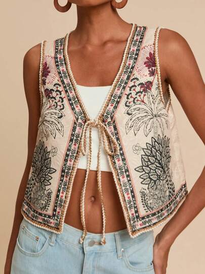 Travachic 编织棕榈树印花系带前开襟无袖上衣，适合女士、夏季、沙滩装、春夏、复活节、假期、海滩、春假、适合度假、下午茶、婚礼季、海滩邮轮度假、城市公路旅行度假、波西米亚风度假、音乐节、沙滩装、复活节、女士海滩、优雅上衣、度假、音乐会、热带度假、假日、波西米亚风、适合春夏和秋季