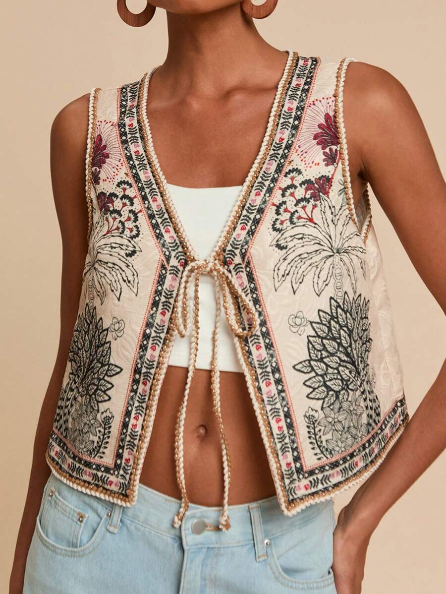 Travachic 编织棕榈树印花系带前开襟无袖上衣，适合女士、夏季、沙滩装、春夏、复活节、假期、海滩、春假、适合度假、下午茶、婚礼季、海滩邮轮度假、城市公路旅行度假、波西米亚风度假、音乐节、沙滩装、复活节、女士海滩、优雅上衣、度假、音乐会、热带度假、假日、波西米亚风、适合春夏和秋季 - 杏色 - 查看 1