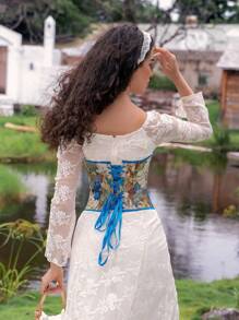 Myrelith 1pc Women's Floral Jacquard Lace-Up Back Tube Top - Multicolor - View 2