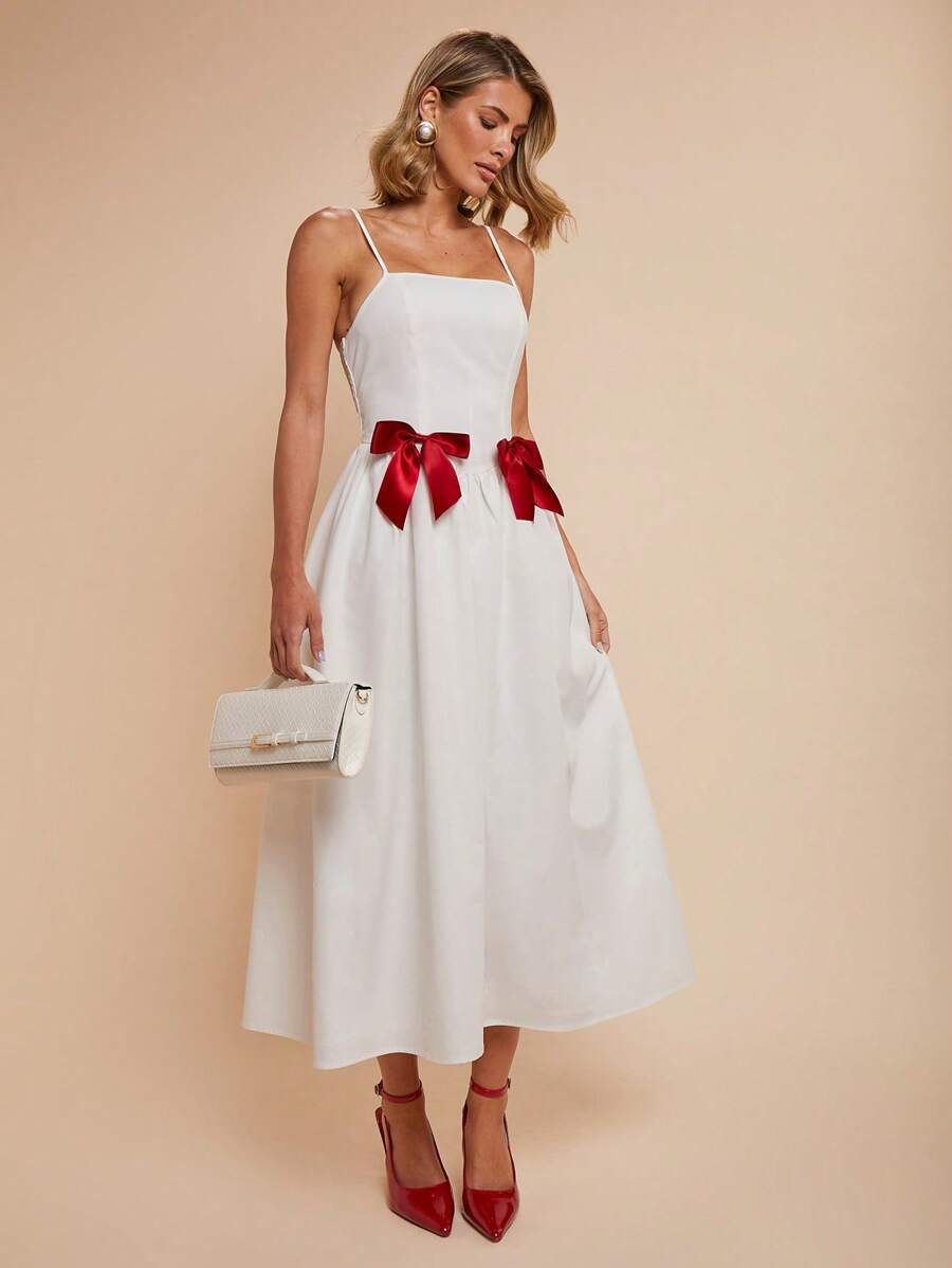 COSMINA 女士优雅度假蝴蝶结吊带连衣裙，春夏女士白色连衣裙，女士生日礼服 - 紅白色 - 查看 1