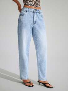 SHEIN EZwear Quần Jeans Ống Thẳng Túi Rách Đơn Giản Đa Năng Thường Ngày - Màu xanh lam - Xem 3