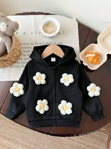 SHEIN LMoss Kids Babygirl Cute Versatile Casual Floral Print Hooded Jacket, Autumn/Winter