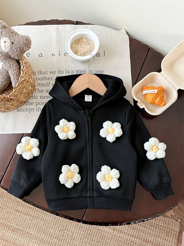 SHEIN Babygirl Cute Versatile Casual Floral Print Hooded Jacket, Autumn/Winter
