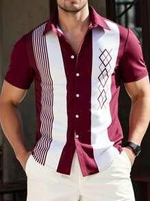 Manfinity Homme Men's Summer Striped Geometric Single-Breasted Casual/Office Short Sleeve Shirt - Burgundy - View 1