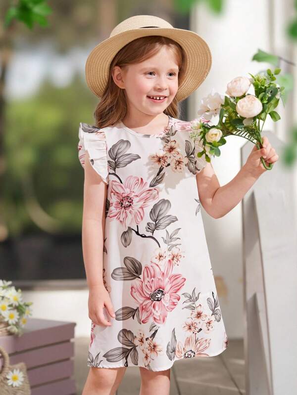 SHEIN Young Girl Floral Print Round Neck Ruffle Cap Sleeve A-Line Woven Dress