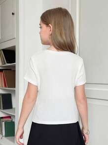 SHEIN Tween 女童休闲时尚法式优雅圆领不对称褶皱开衩白色短袖 T 恤，春夏 - 白色 - 查看 8