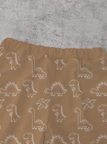 SHEIN Playful Pals 1 Set Toddler Boys' Cartoon Dinosaur Print T-Shirt And Matching Brown Shorts, Cute Outfits For Everyday Wear, Suitable For Spring And Summer