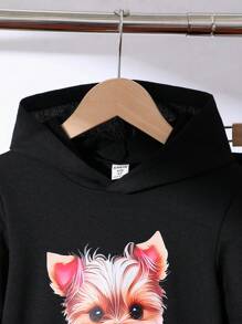 Conjunto de moletom com capuz e calça comprida com estampa de gato de desenho animado para meninas, primavera/outono - Preto - Ver 6