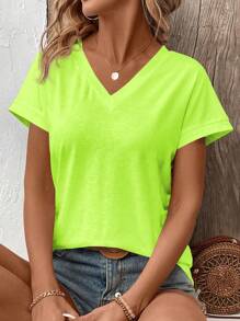 SHEIN LUNE Áo thun nữ cổ chữ V tay ngắn dáng rộng thoải mái mùa hè, màu xanh neon - màu xanh lá - Xem 6