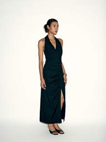 Lumivelle Women's Summer Plain Pleated Side Slit Hem Fashionable Halter Dress