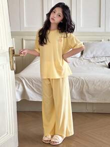 DAZY 青少年女孩休闲日常穿着圆领短袖上衣和裤子两件套睡衣套装 - 黃色 - 查看 3