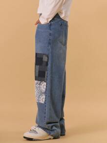 Musero Straight Leg Patchwork Jeans Washed Denim Spring Summer Urban Streetstyle - Light Wash - View 3