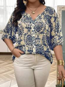 SHEIN LUNE Plus Size Women's Plant Print Lantern Sleeve Button Down Casual Shirt