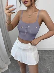 Chiquease 时尚刺绣系带吊带针织毛衣 - 淡紫色 - 查看 6