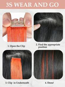 Colored Clip In Hair Extensions, Real Human Hair 3 Pcs 18 Inch, Orange Straight Highlight Hairpieces, Invisible Design, Colorful Rainbow Style, Soft Natural Texture, Ideal For Women & Girls Daily Styling, Party And Cosplay Occasions - SORANGE - View 6
