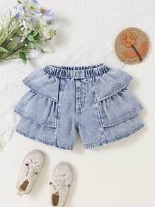 Young Girls' Casual Patchwork Denim Shorts, Comfortable Fashionable Summer Holiday Vacation Daily Wear Girls Ruffle Denim Shorts - Light Wash - View 3
