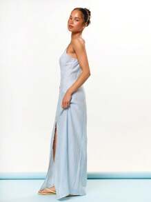 MUSERA 圆领纽扣宽松亚麻质感长裙，夏季度假节日可爱休闲优雅托斯卡纳阳光长裙毕业舞会 - 淺藍色 - 查看 3