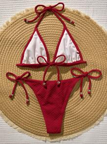 Bellisia Women's Summer Beach Solid Color Halter Tie-Up Sexy Bikini Swimwear Set - Red - View 2