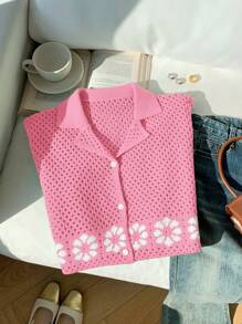Comfortcana Chaqueta de punto fina de manga corta con un solo botón y calado en rosa para mujer, ideal para vacaciones de verano - Rosa - Ver 4