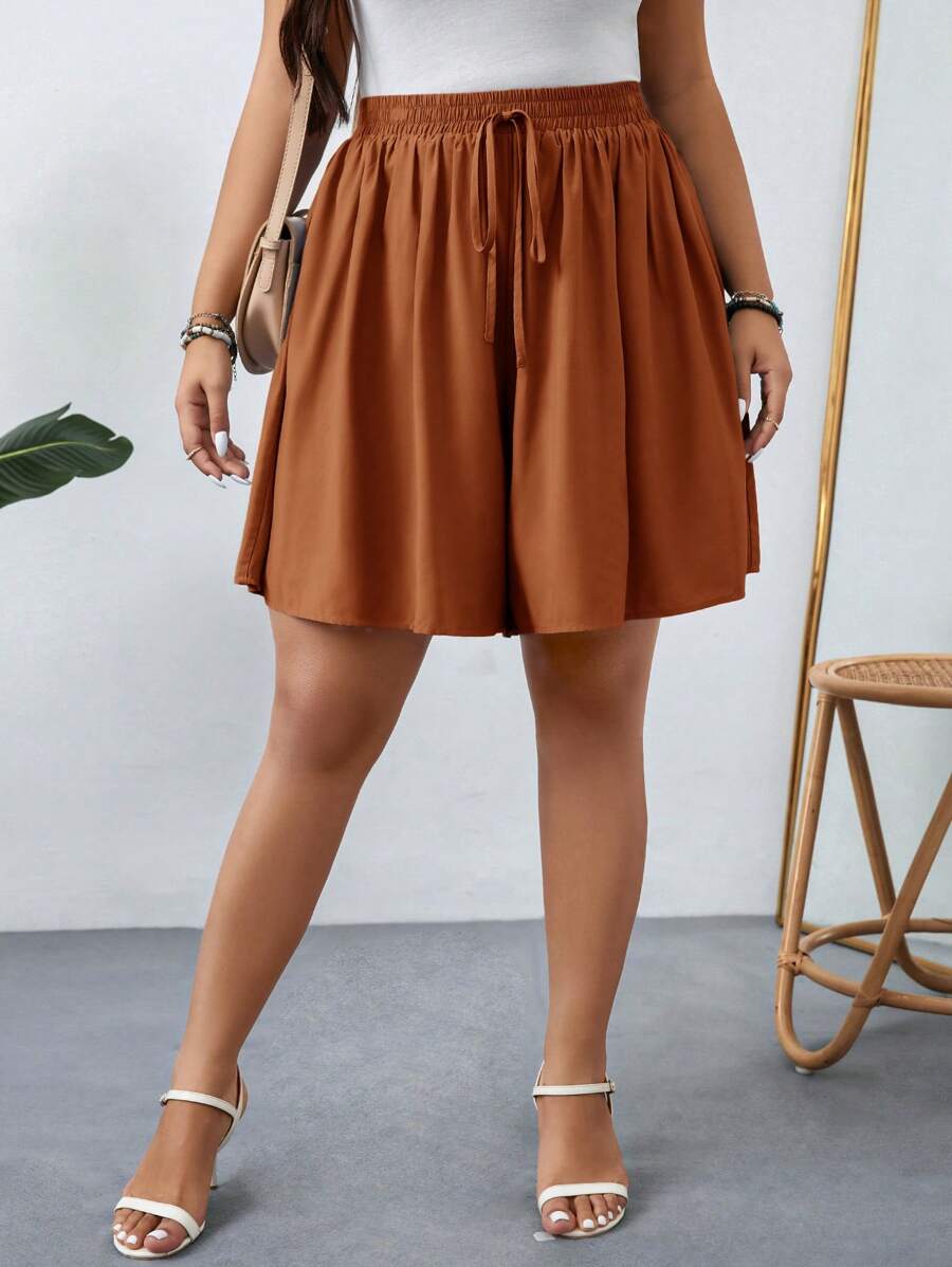 SHEIN LUNE Plus Size Plain Knot Detail Loose Summer Women Casual Shorts Plus Size Shorts High Waist Women Plus Size Shorts Brown Shorts Women Modest Shorts Brown Shorts - Mocha Brown - View 1