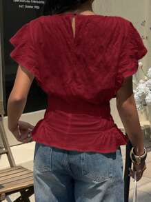 Siren Gaze 女士纯色圆领泡泡袖松紧腰荷叶边衬衫