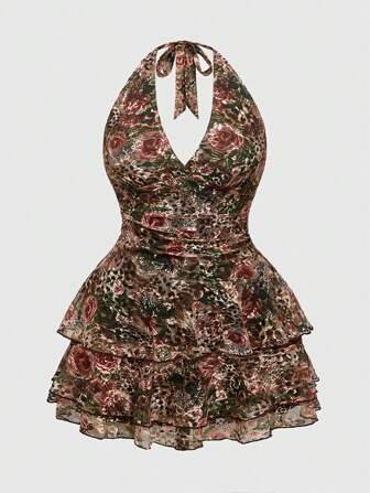 Hippie Plus Size Women Retro Bohemian Halter Leopard Floral Print Mini Layered Cake Skirt