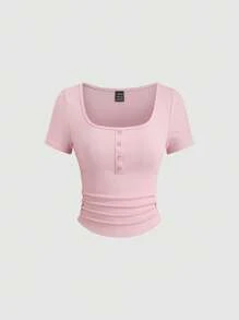 Sweetra Set de 2 piezas de pantalones rectos de cintura elástica y blusa de manga corta con botones de punto acanalado informal a juego para mujer - Rosa - Ver 4