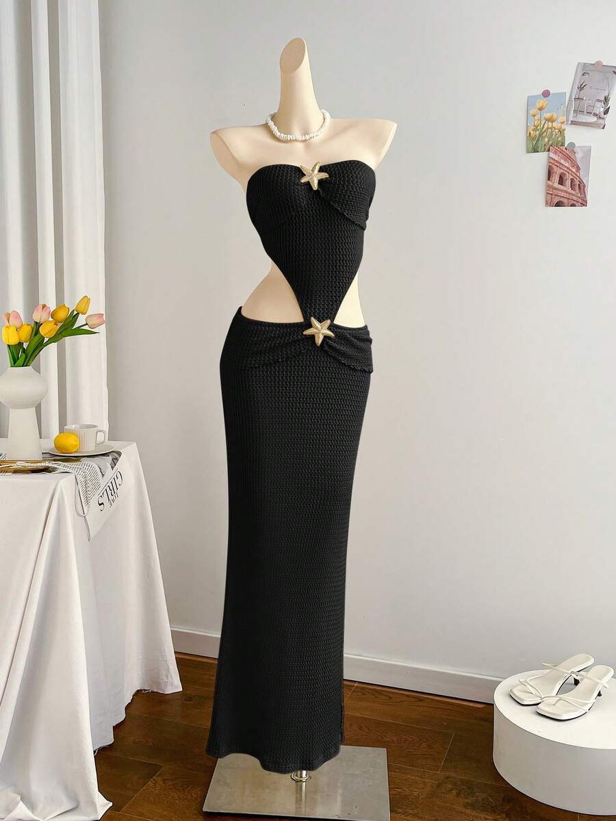 Soleia 金属贝壳装饰海滩度假高腰镂空提花针织连衣裙，美人鱼下摆，女士荷叶边夏季连衣裙 - 黑色 - 查看 1