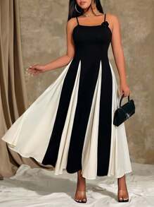 Roveilla 大码女式黑白拼色花卉图案无袖优雅长裙，适合春夏季长款女装舞会 - 黑與白 - 查看 3