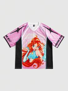 ROMWE MEN Winx Club X ROMWE Men's Casual Cartoon Pattern Colorblock V-Neck Short Sleeve T-Shirt, 2000s Style - Pink - View 1